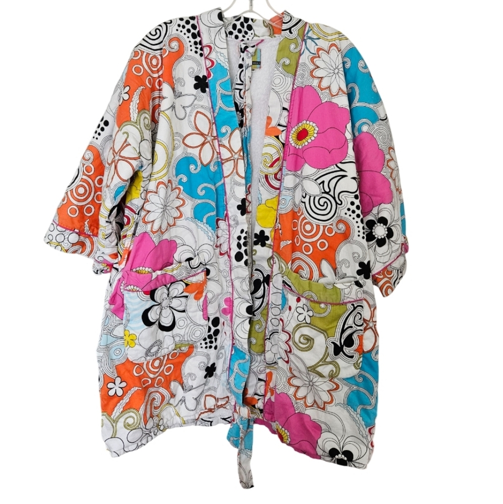 The Tepper Jackson Cotton Floral Hippie Mod Colorful 60s 70s Quilted Belted Robe
